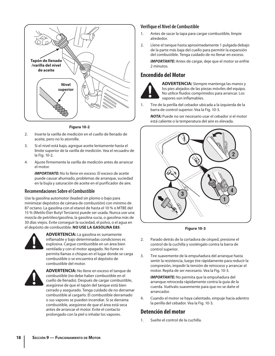 Encendido del motor, Detención del motor, Verifique el nivel de combustible | Recomendaciones sobre el combustible | MTD 08M User Manual | Page 48 / 56