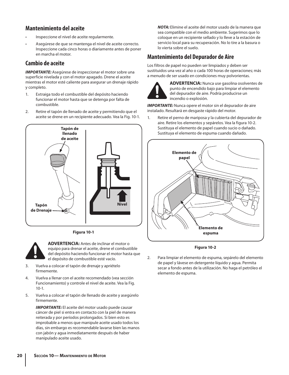 Mantenimiento del depurador de aire, Mantenimiento del aceite, Cambio de aceite | MTD 08M User Manual | Page 50 / 56