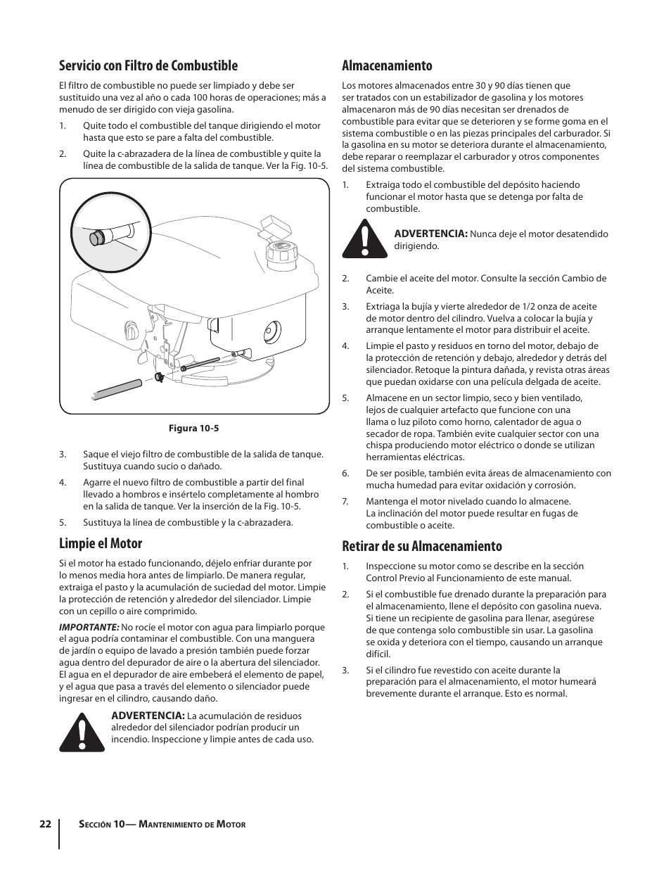 Servicio con filtro de combustible, Limpie el motor, Almacenamiento | Retirar de su almacenamiento | MTD 08M User Manual | Page 52 / 56