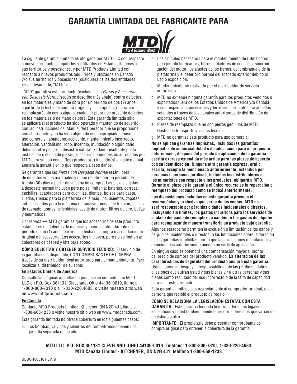 Garantía limitada del fabricante para | MTD 08M User Manual | Page 56 / 56
