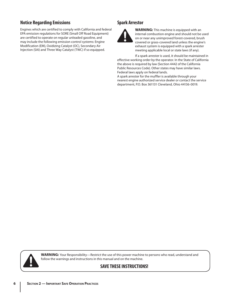 Notice regarding emissions, Spark arrestor, Save these instructions | MTD 08M User Manual | Page 6 / 56