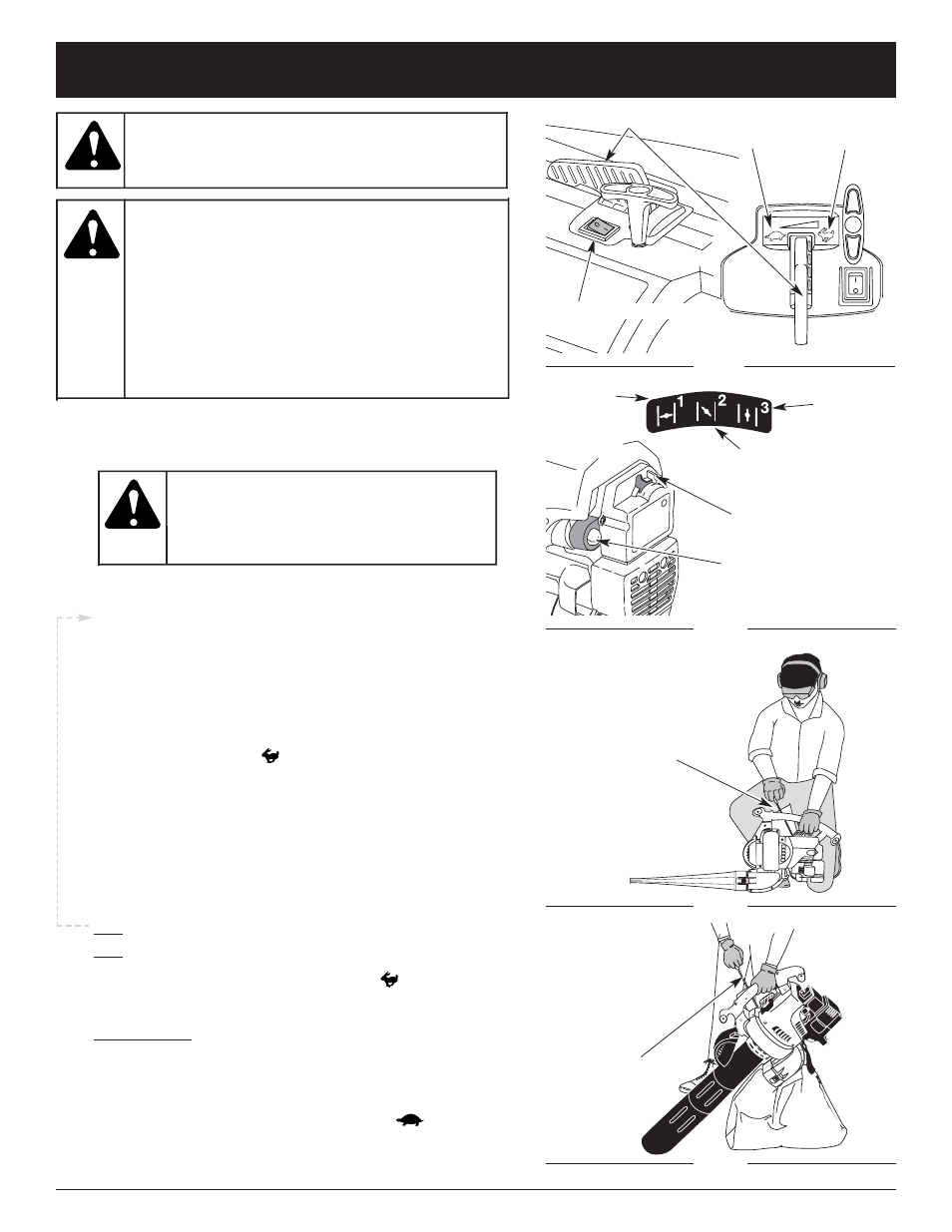 Warning, Starting/stopping instructions, Starting instructions | Stopping instructions, Vacuum starting position, Blower starting position | MTD MB320BV User Manual | Page 12 / 72