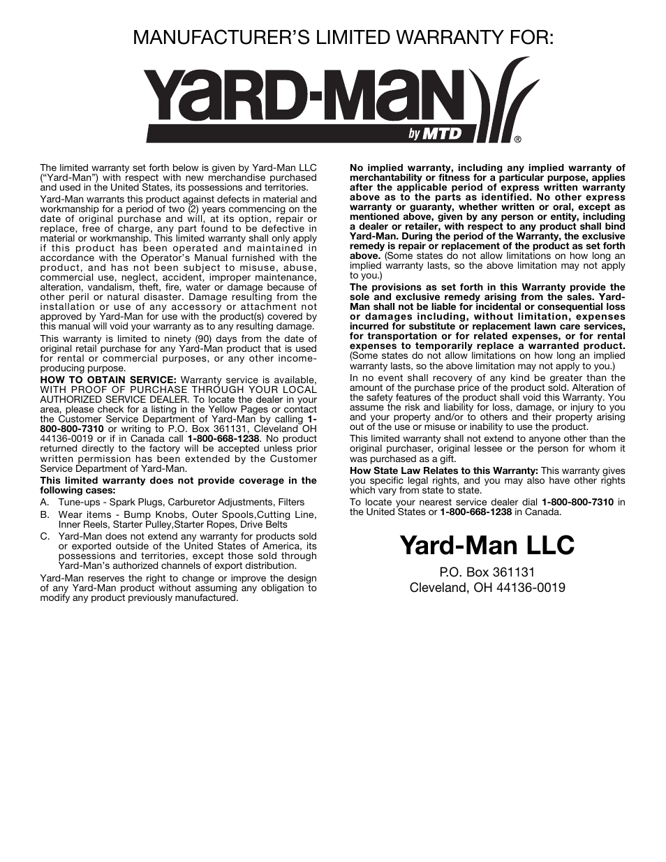 Yard-man llc, Manufacturer’s limited warranty for | MTD Yard-Man YM90BC User Manual | Page 18 / 56