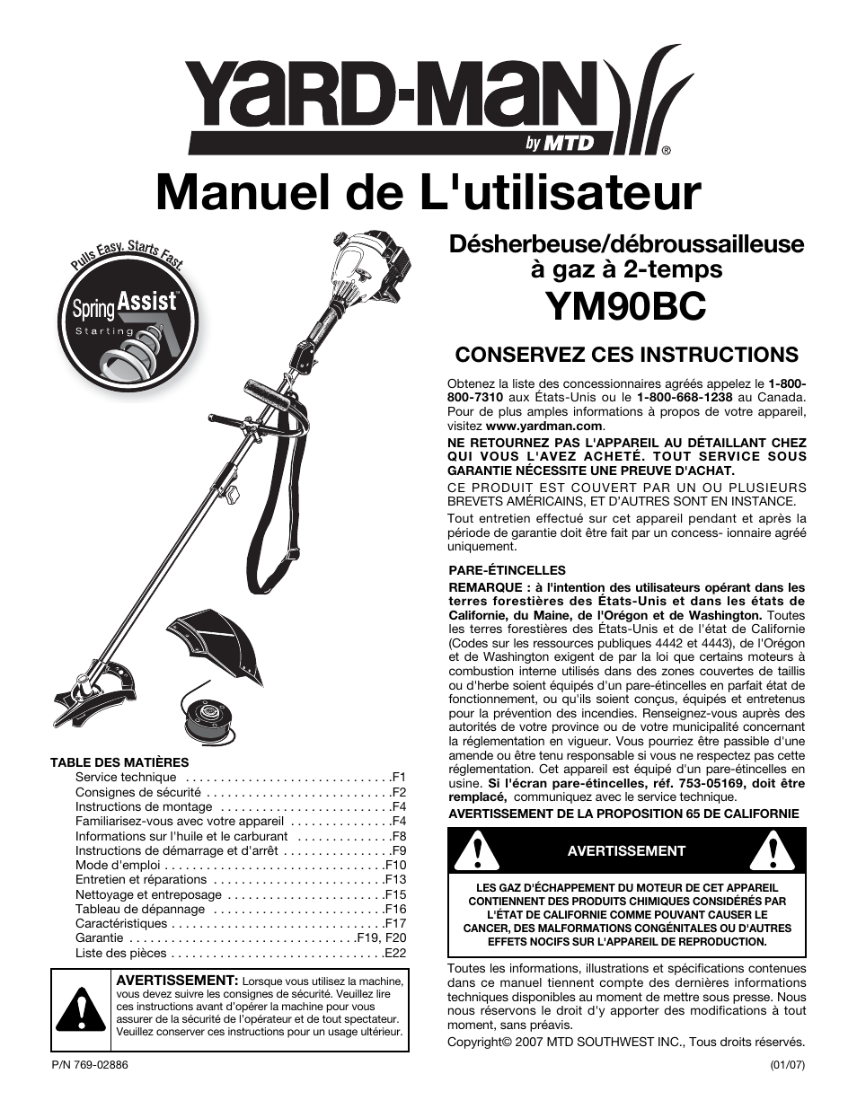 Manuel de l'utilisateur, Ym90bc, Désherbeuse/débroussailleuse à gaz à 2-temps | Conservez ces instructions | MTD Yard-Man YM90BC User Manual | Page 19 / 56