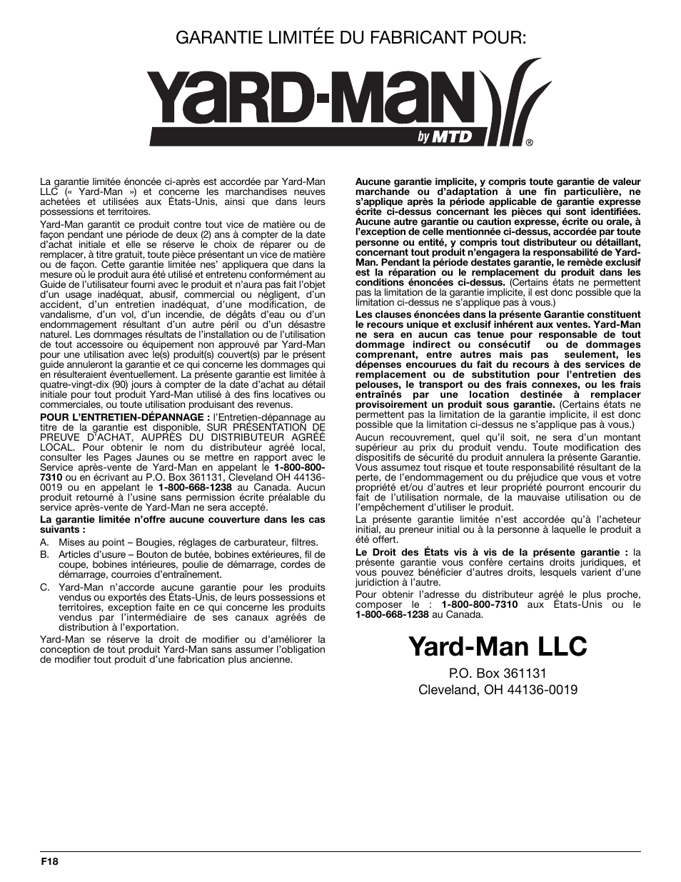 Yard-man llc, Garantie limitée du fabricant pour | MTD Yard-Man YM90BC User Manual | Page 36 / 56