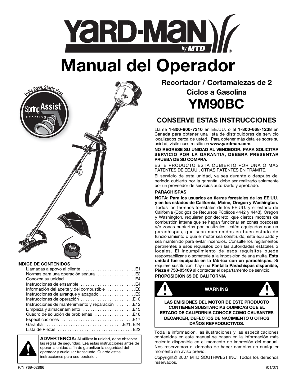 Manual del operador, Ym90bc, Recortador / cortamalezas de 2 ciclos a gasolina | Conserve estas instrucciones | MTD Yard-Man YM90BC User Manual | Page 37 / 56