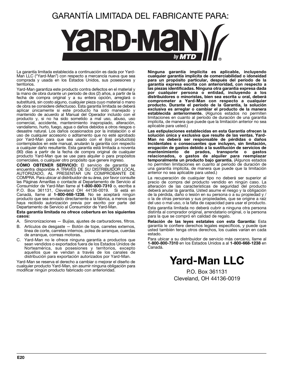 Yard-man llc, Garantía limitada del fabricante para | MTD Yard-Man YM90BC User Manual | Page 56 / 56