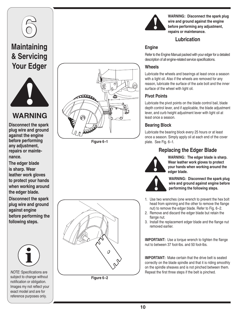 Maintaining & servicing your edger, Warning | MTD 550 Series User Manual | Page 10 / 16