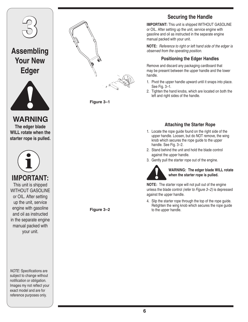 Assembling your new edger, Important, Warning | MTD 550 Series User Manual | Page 6 / 16