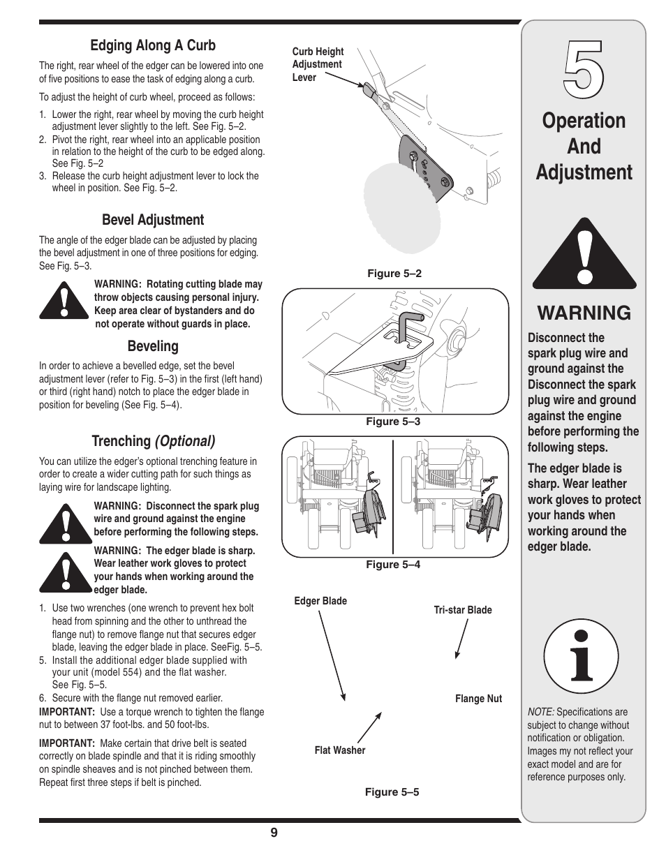 Operation and adjustment, Warning | MTD 550 Series User Manual | Page 9 / 16