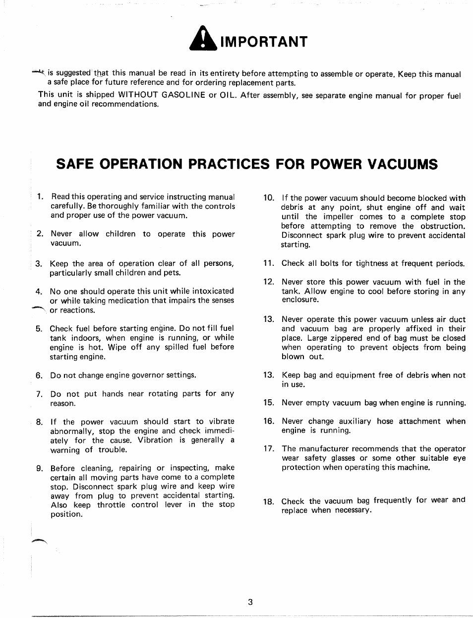 Important, Safe operation practices for power vacuums | MTD 246-660-000 User Manual | Page 3 / 12