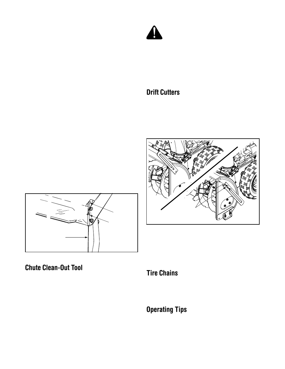 Chute clean-out tool, Drift cutters, Tire chains | Operating tips | MTD 664G User Manual | Page 14 / 32