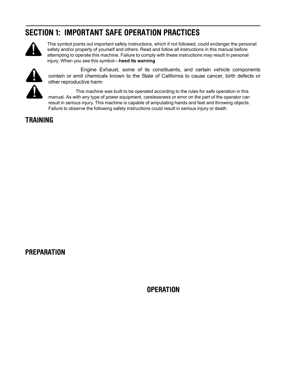 Training, Preparation, Operation | MTD 664G User Manual | Page 3 / 32