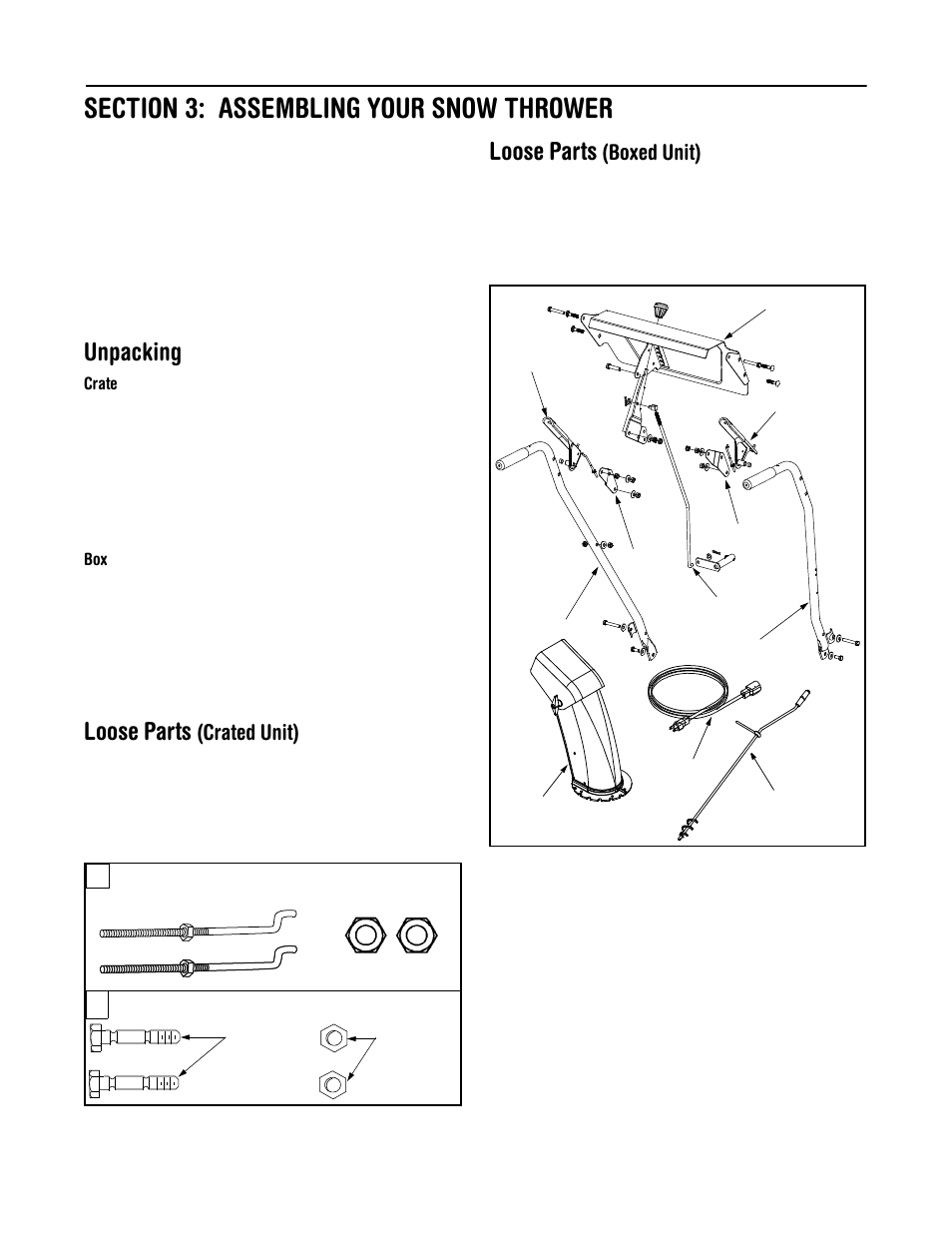 Unpacking, Loose parts, Crated unit) | Boxed unit) | MTD 664G User Manual | Page 6 / 32