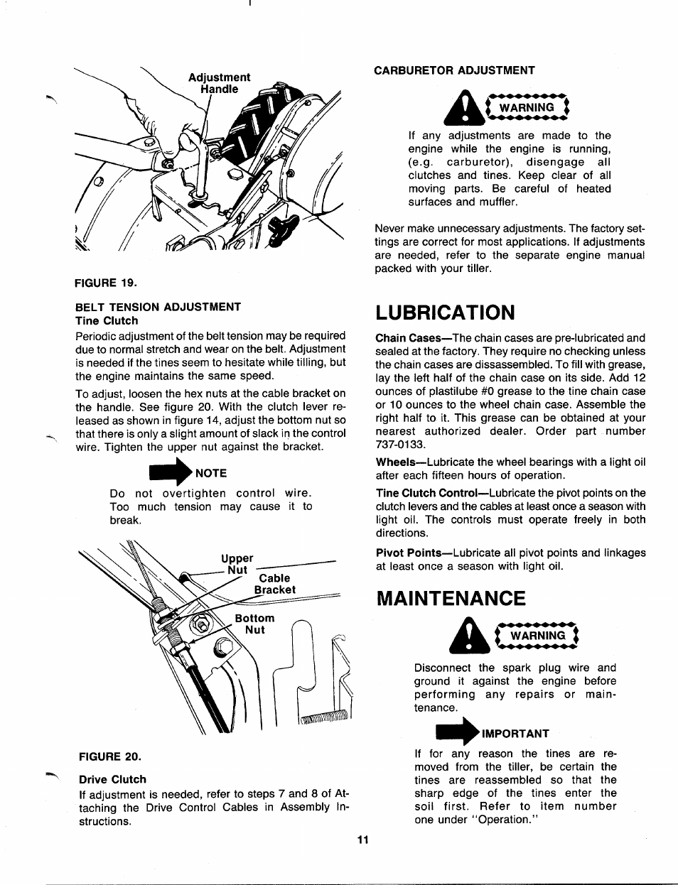 Belt tension adjustment tine clutch, Note, Drive clutch | Carburetor adjustment, At warning, Lubrication, Maintenance, Ac warning, Important, Lubrication maintenance | MTD 216-406-000 User Manual | Page 11 / 24