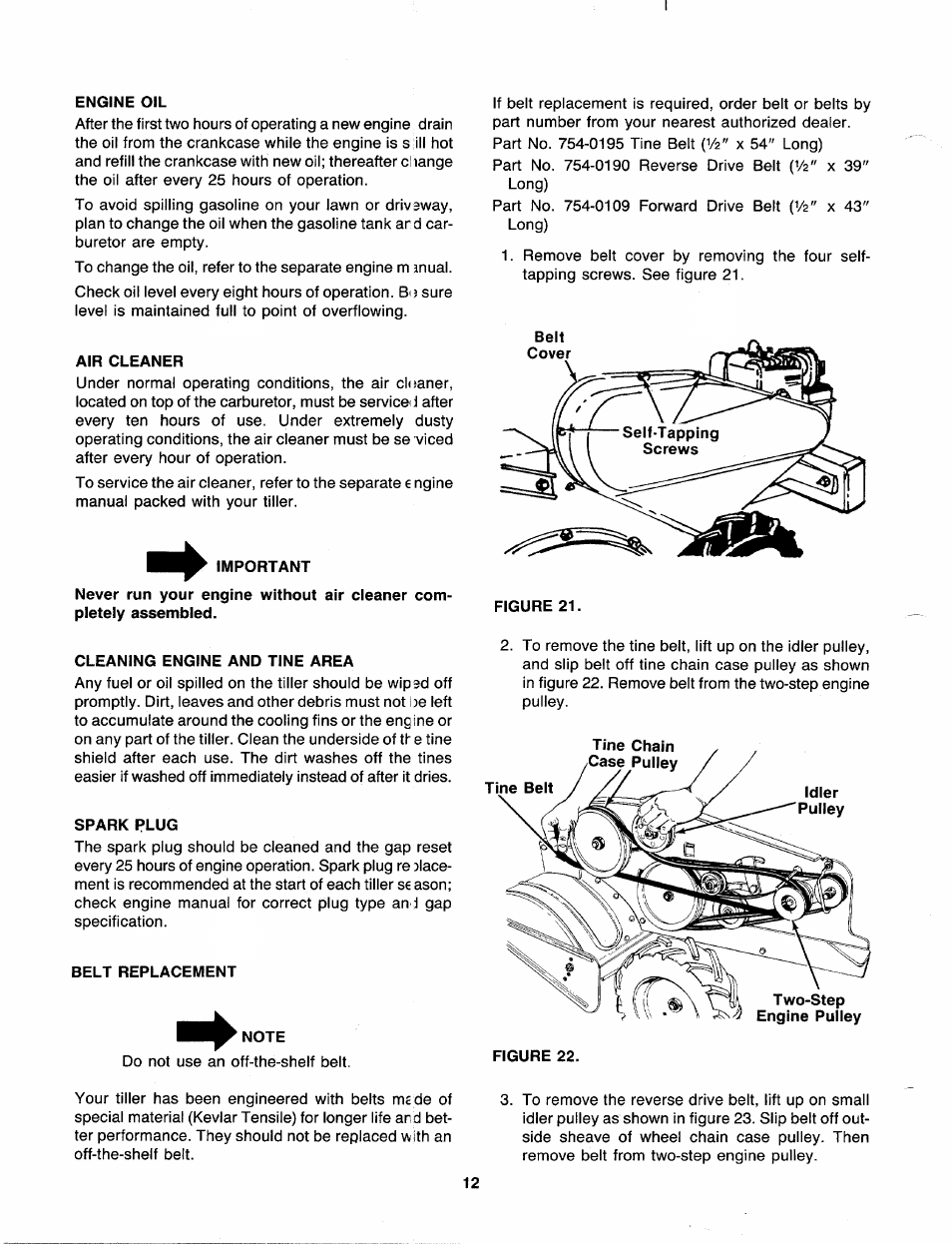 Engine oil, Air cleaner, Important | Cleaning engine and tine area, Spark plug, Belt replacement, Note | MTD 216-406-000 User Manual | Page 12 / 24