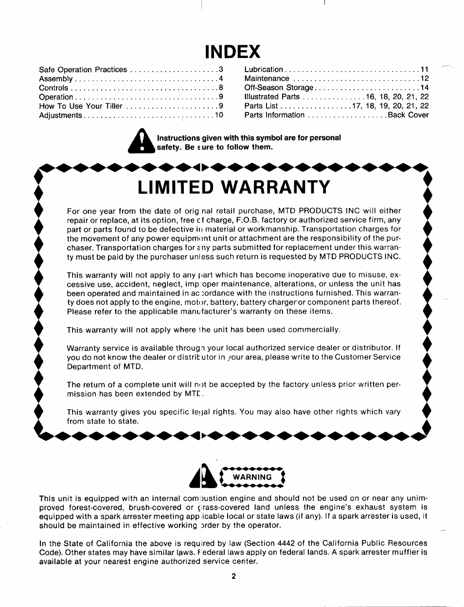 Index, Limited warranty, Ac warning i | MTD 216-406-000 User Manual | Page 2 / 24