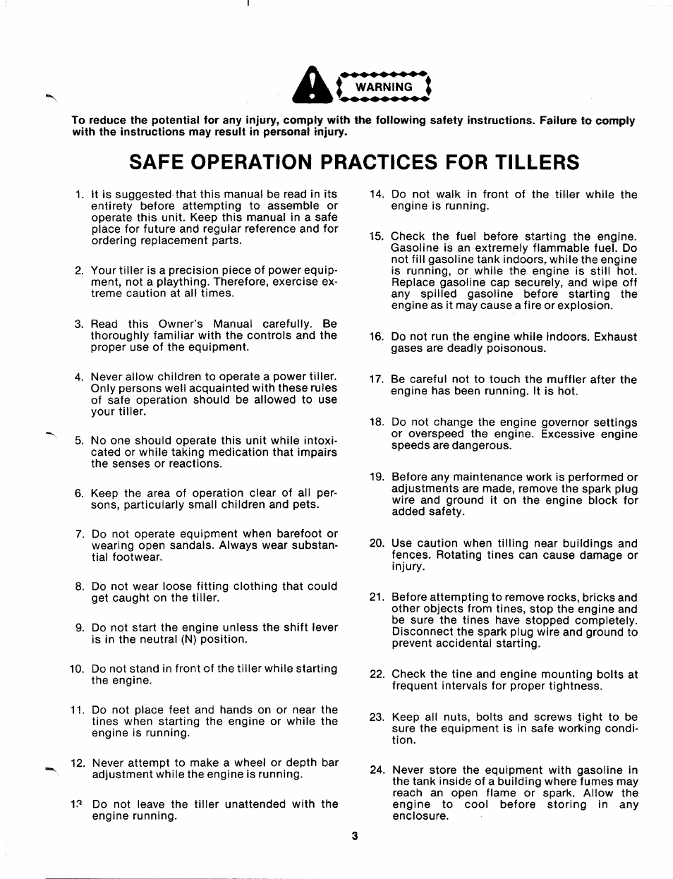 Safe operation practices for tillers | MTD 216-406-000 User Manual | Page 3 / 24