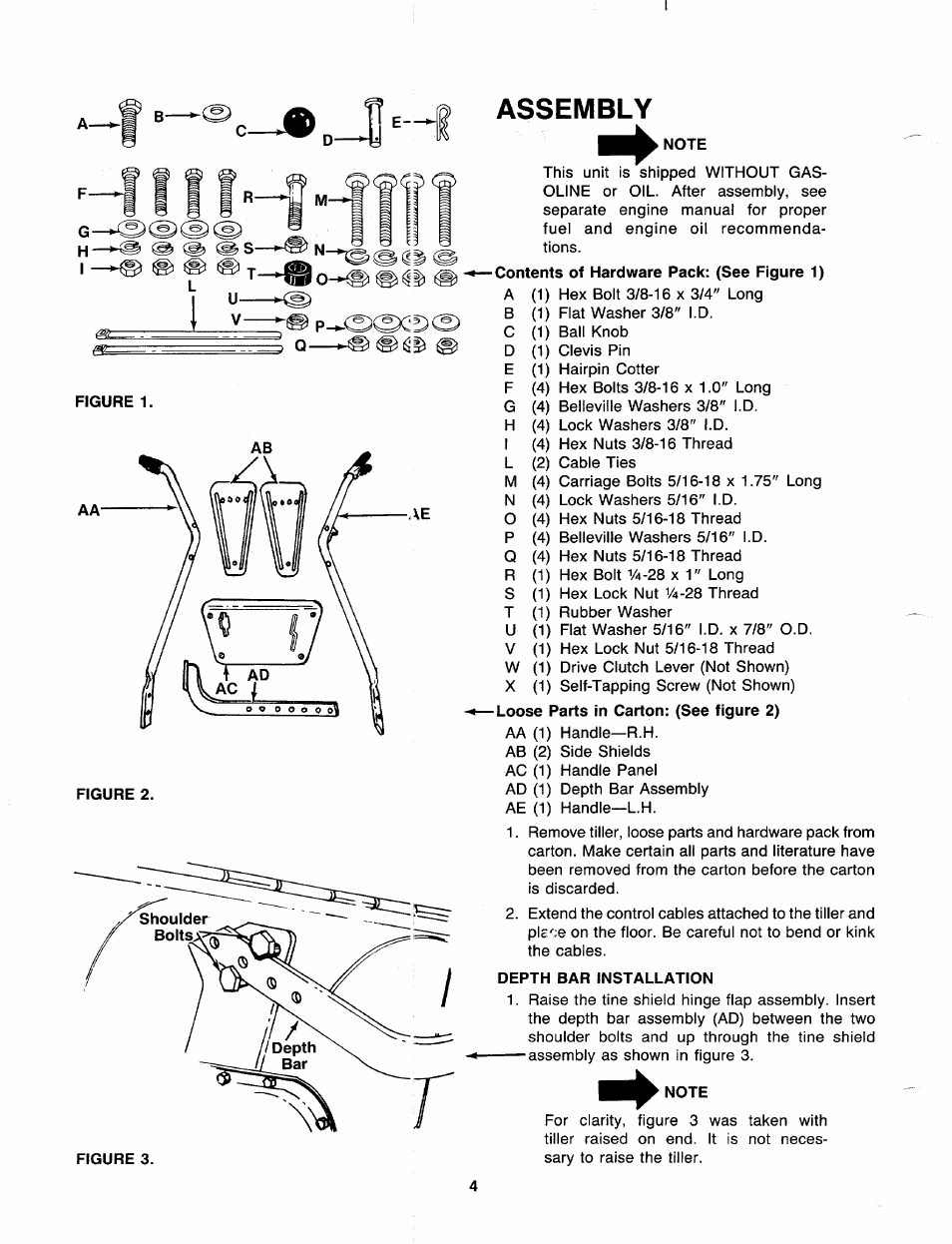 Assembly, Depth bar installation, Note | MTD 216-406-000 User Manual | Page 4 / 24