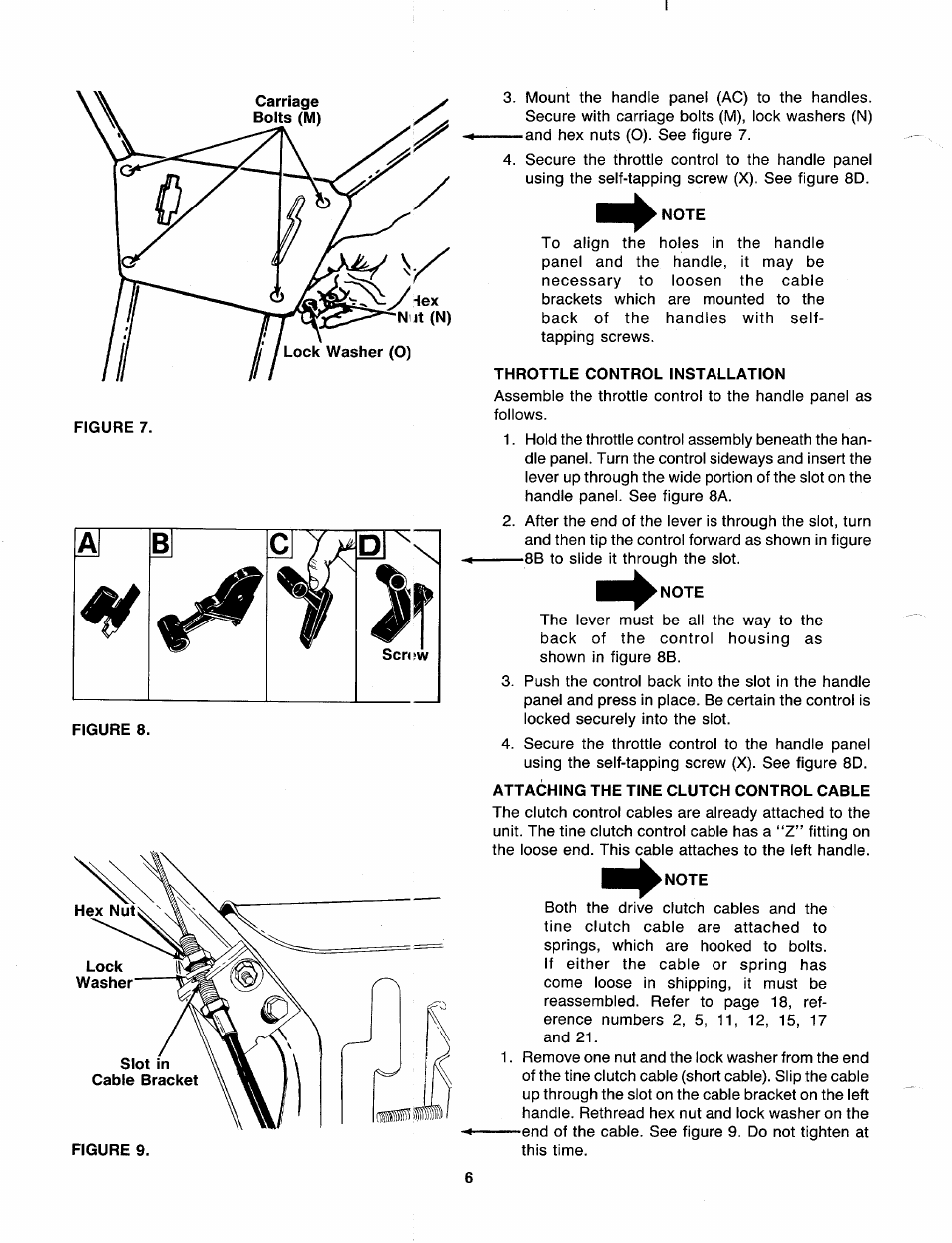 Note, Throttle control installation, Attaching the tine clutch control cable | MTD 216-406-000 User Manual | Page 6 / 24