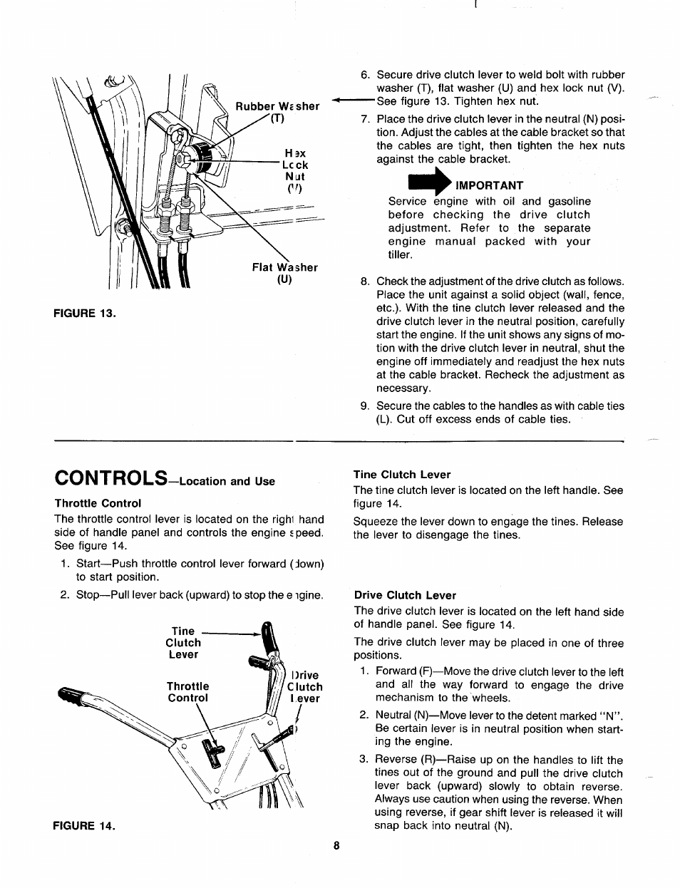 Important, Throttle control, Tine ciutch lever | Drive ciutch lever, Controls | MTD 216-406-000 User Manual | Page 8 / 24