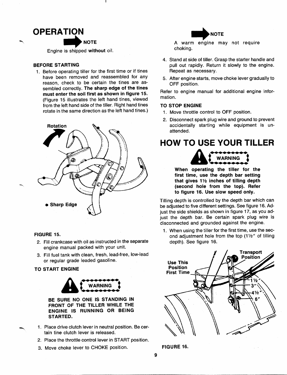 Operation, Note, Before starting | To start engine, Warning, To stop engine, How to use your tiller, Ac warning | MTD 216-406-000 User Manual | Page 9 / 24