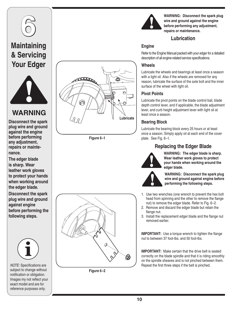 Maintaining & servicing your edger, Warning | MTD Series 521 User Manual | Page 10 / 16