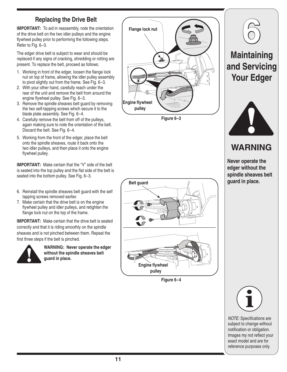 Maintaining and servicing your edger, Warning | MTD Series 521 User Manual | Page 11 / 16