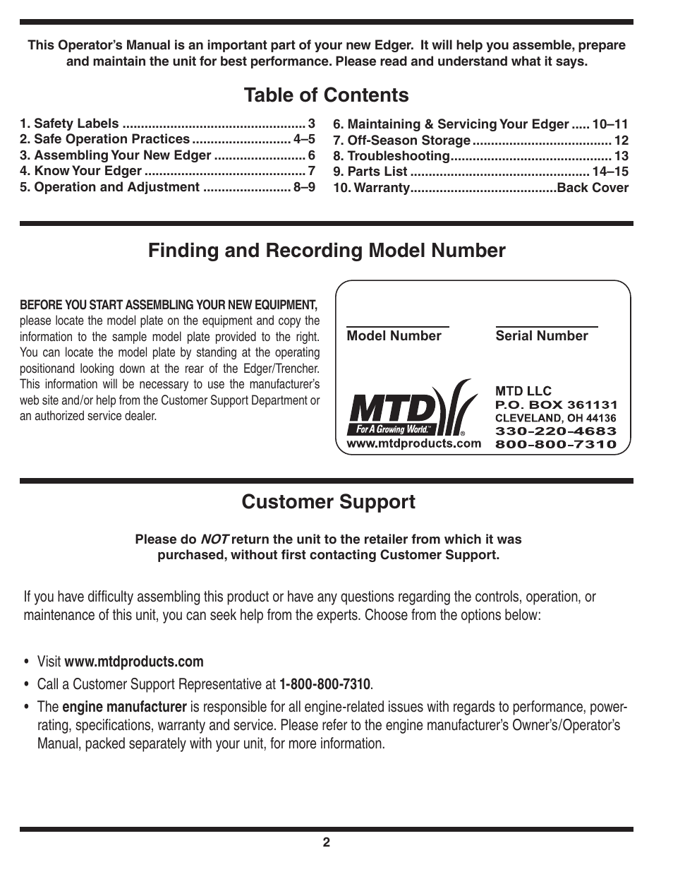 MTD Series 521 User Manual | Page 2 / 16