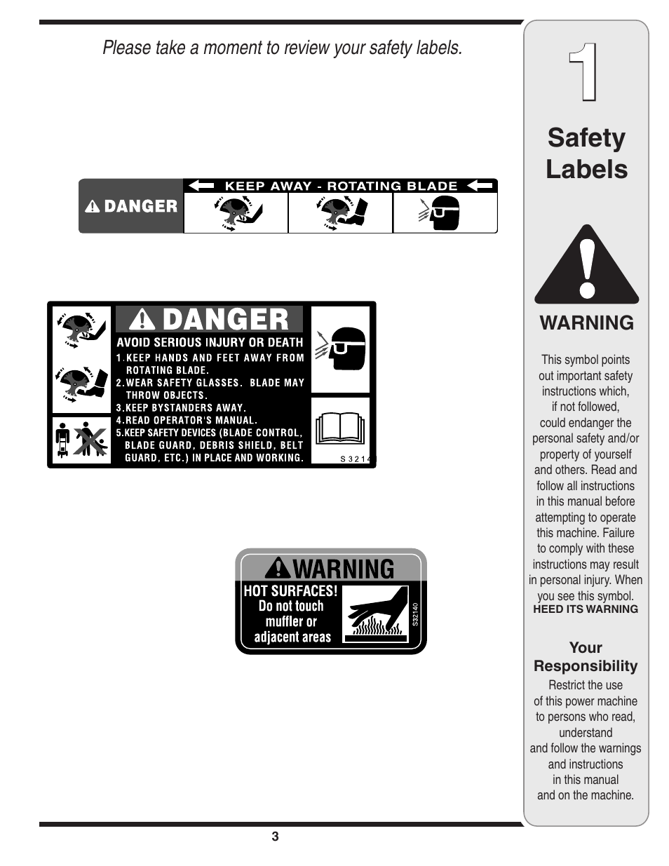 Safety labels, Warning, Please take a moment to review your safety labels | MTD Series 521 User Manual | Page 3 / 16