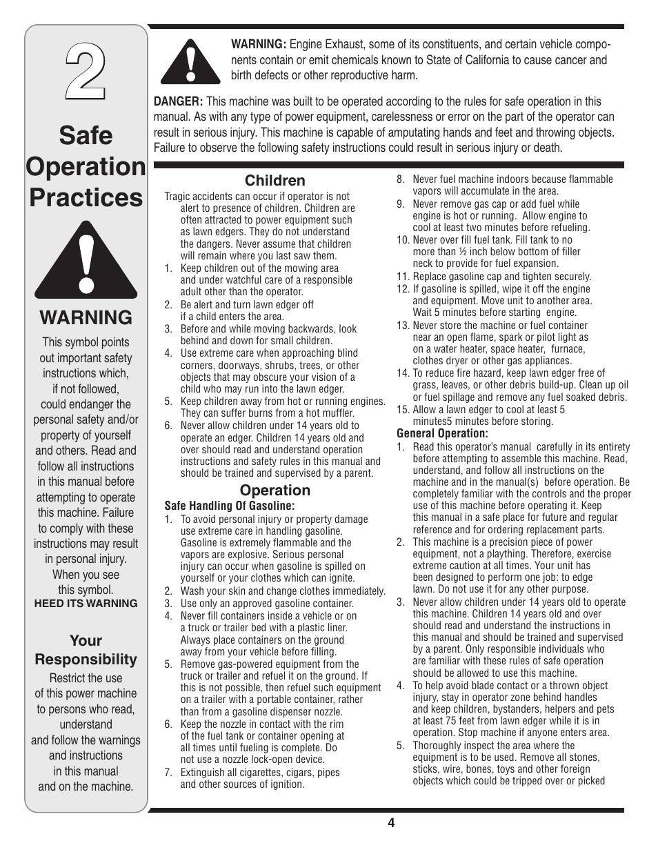 Safe operation practices, Warning, Your responsibility | Children, Operation | MTD Series 521 User Manual | Page 4 / 16
