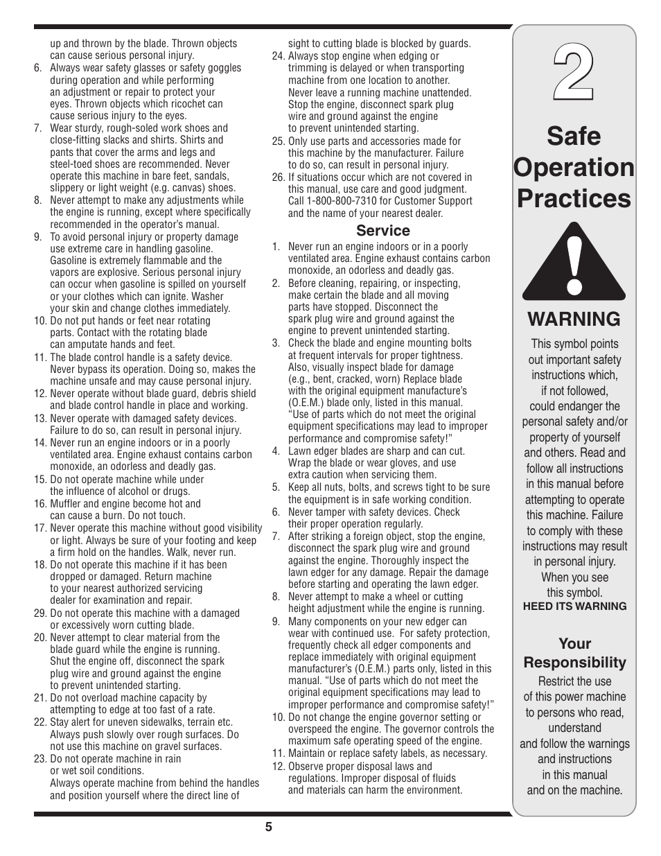 Safe operation practices, Warning, Your responsibility | Service | MTD Series 521 User Manual | Page 5 / 16