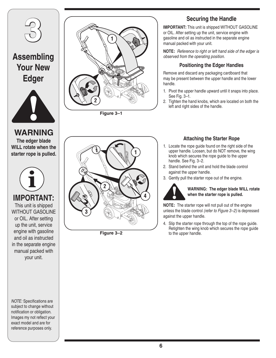 Assembling your new edger, Important, Warning | MTD Series 521 User Manual | Page 6 / 16