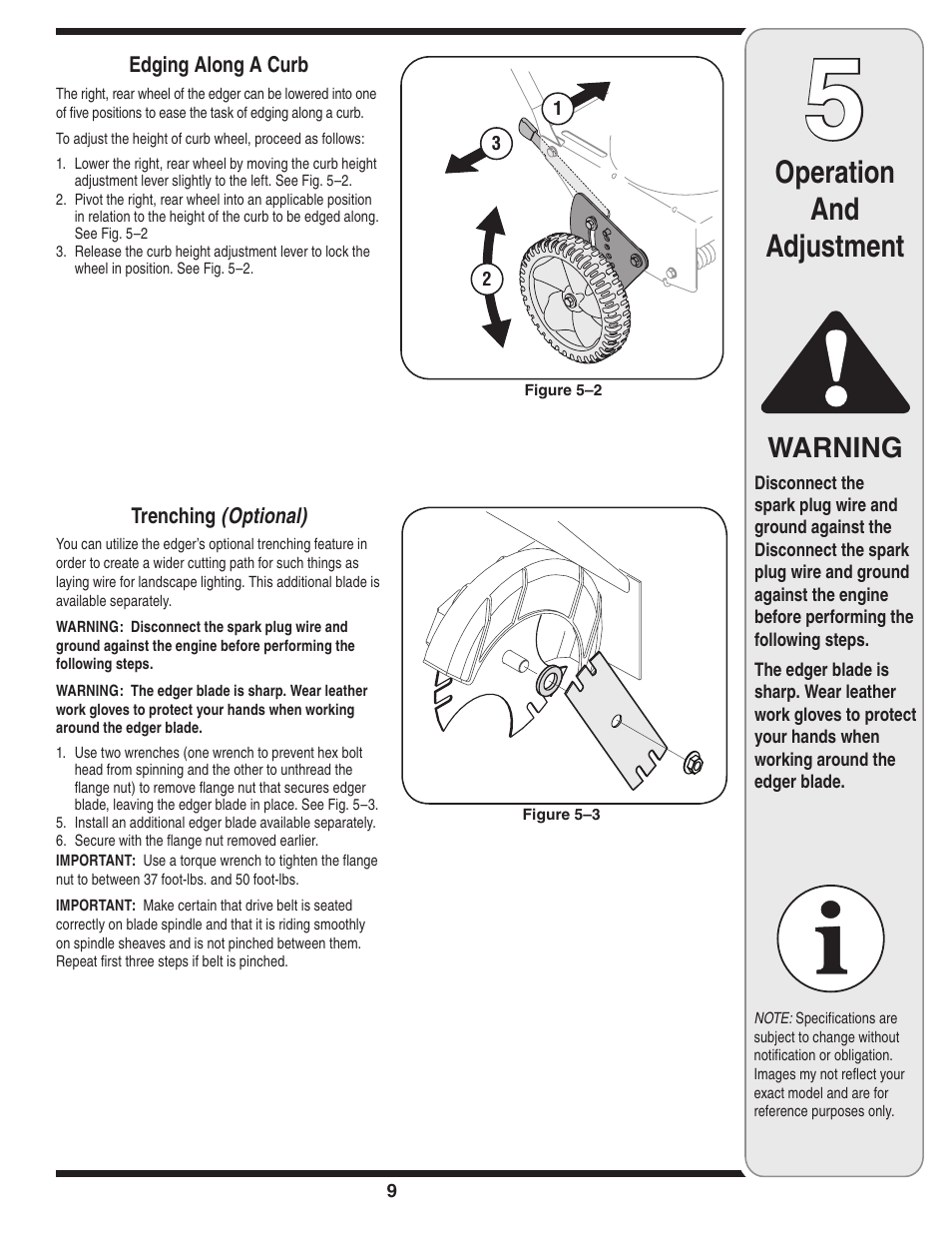 Operation and adjustment, Warning | MTD Series 521 User Manual | Page 9 / 16