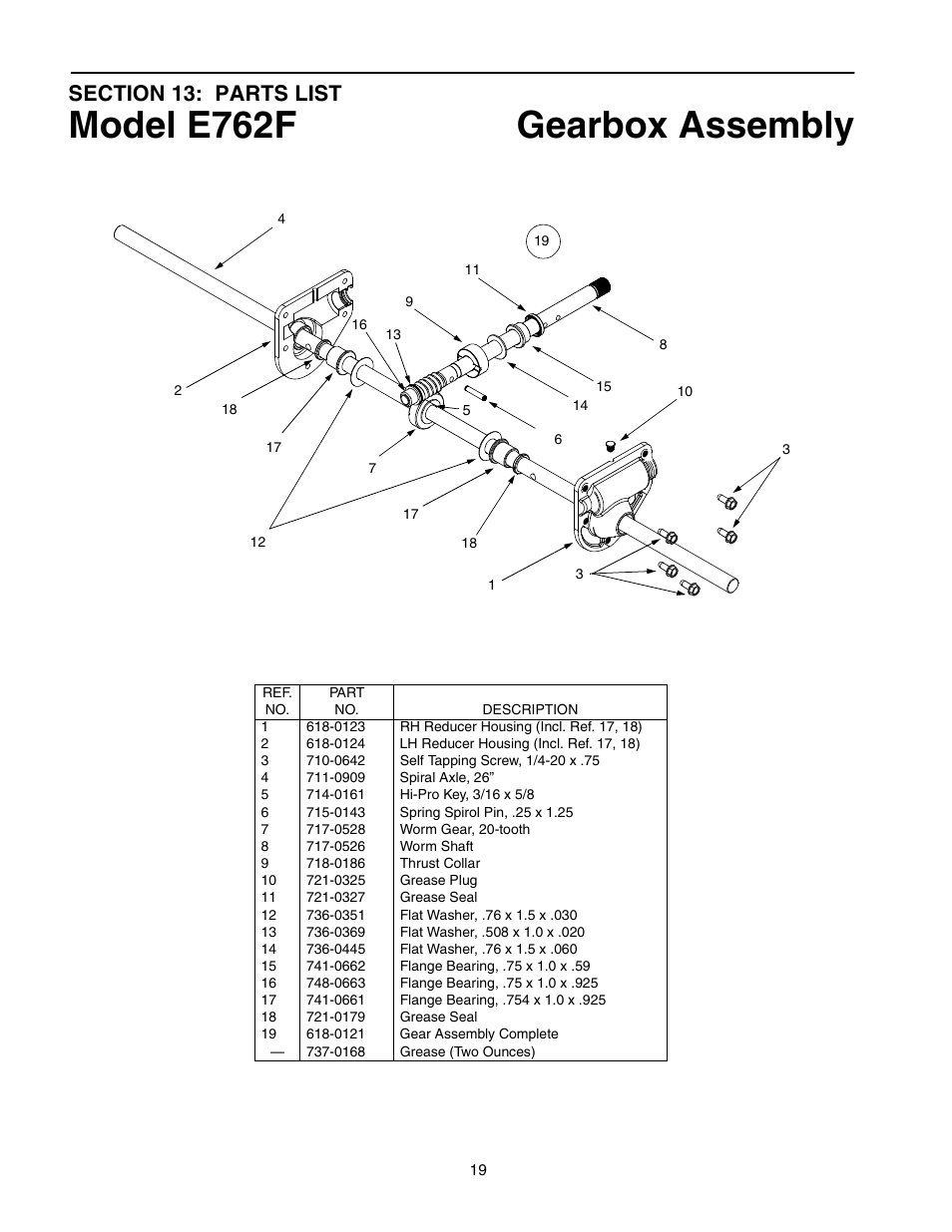 Model e762f gearbox assembly | MTD E762F User Manual | Page 19 / 30