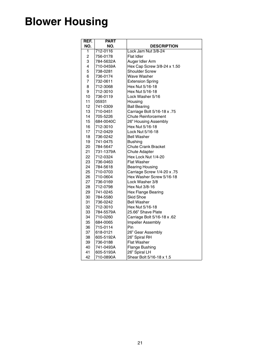 Blower housing | MTD E762F User Manual | Page 21 / 30