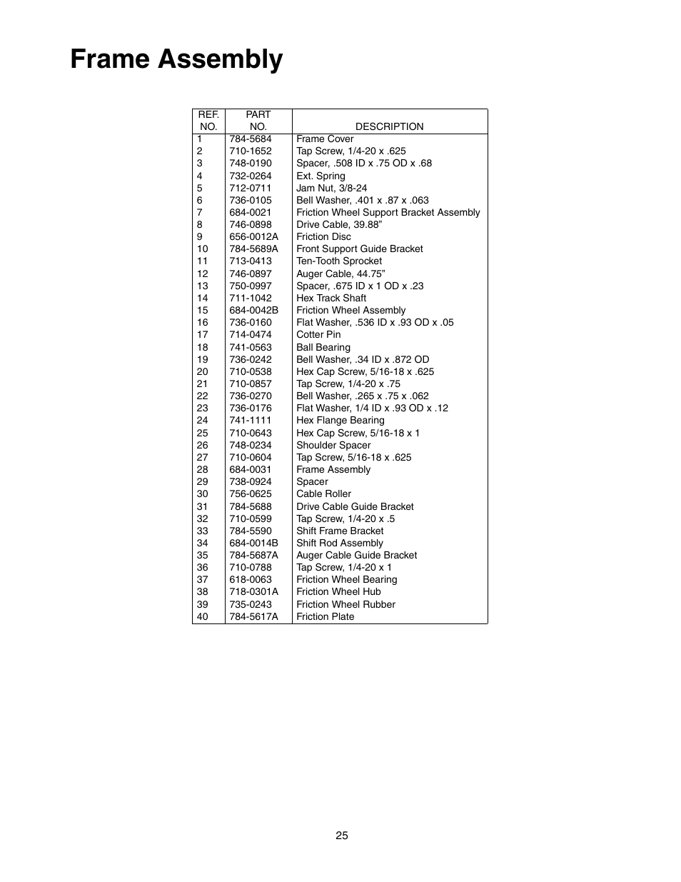 Frame assembly | MTD E762F User Manual | Page 25 / 30