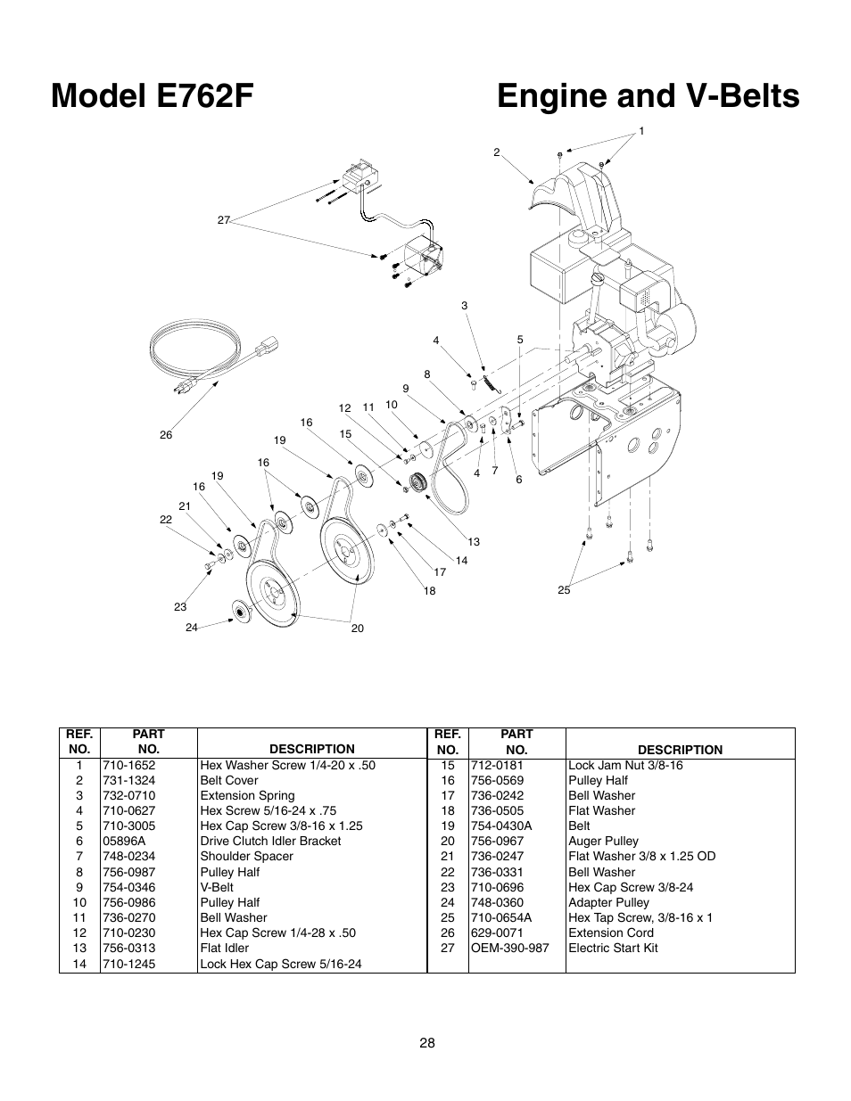 Model e762f engine and v-belts | MTD E762F User Manual | Page 28 / 30