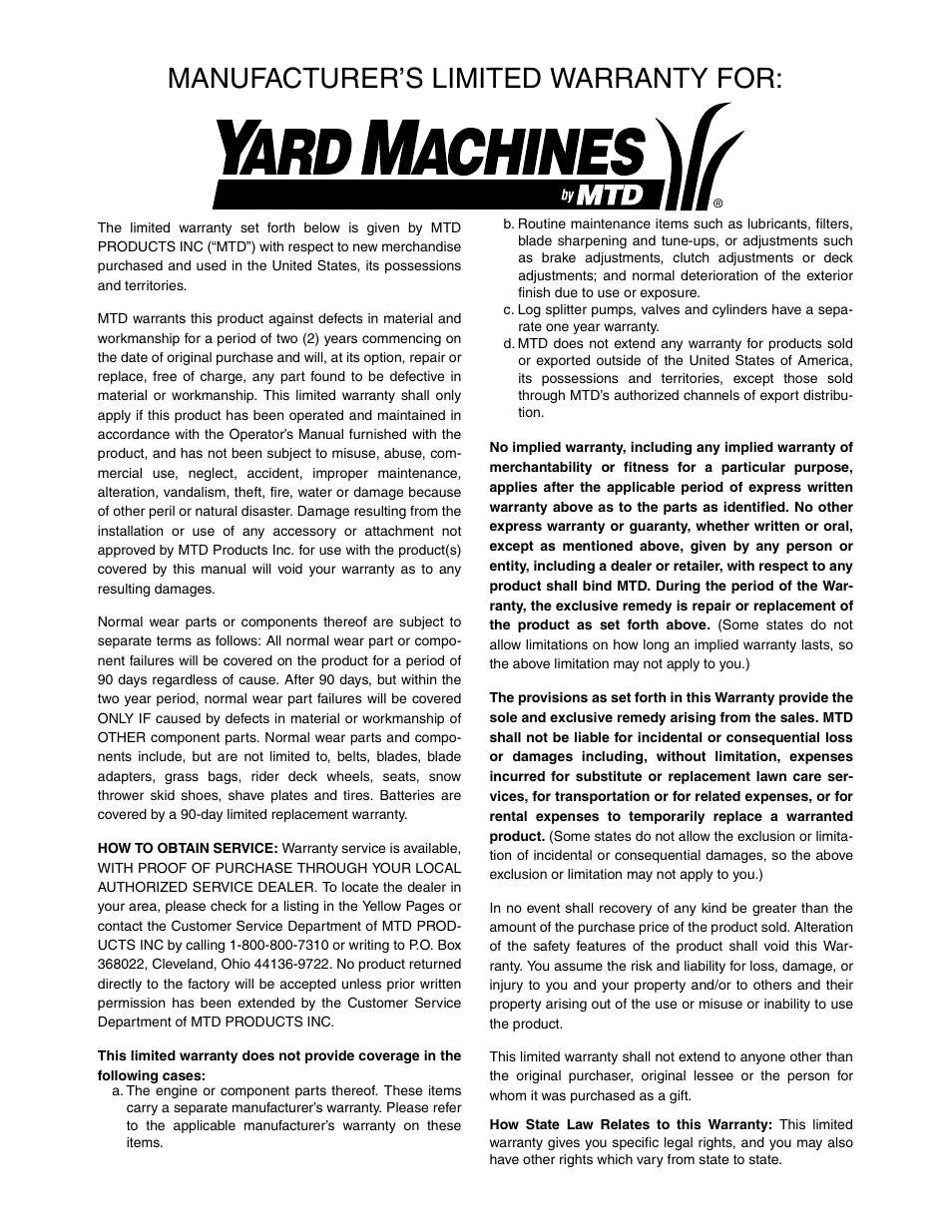 Manufacturer’s limited warranty for | MTD E762F User Manual | Page 30 / 30