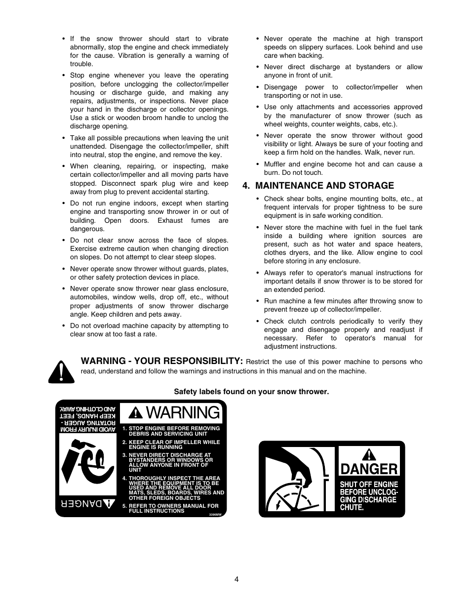 Warning, Maintenance and storage, Warning - your responsibility | Dan ge r | MTD E762F User Manual | Page 4 / 30