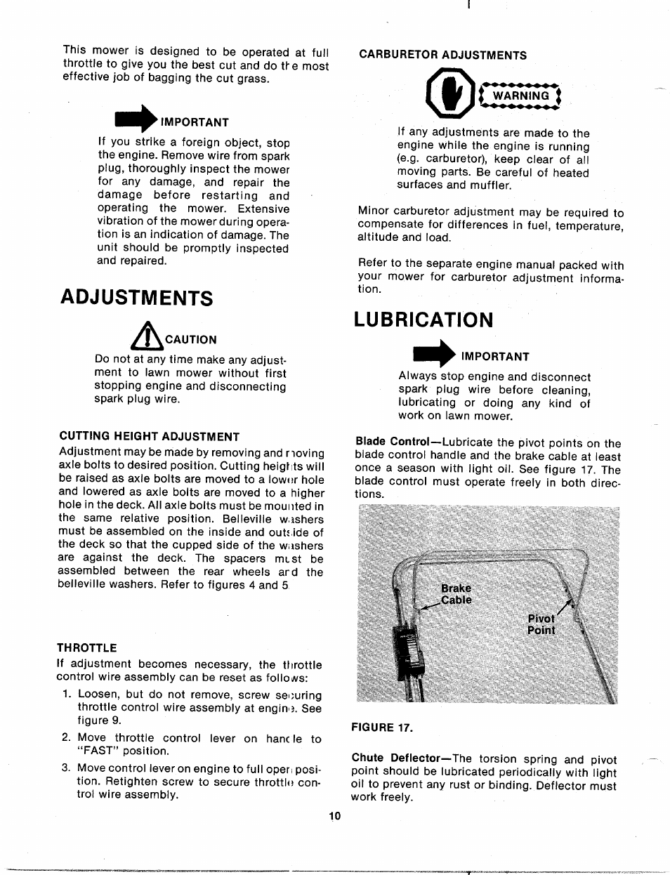 Carburetor adjustments, Important, Adjustments | Caution, Cutting height adjustment, Throttle, I warning j, Lubrication, Figure 17 | MTD 113-050A User Manual | Page 10 / 16