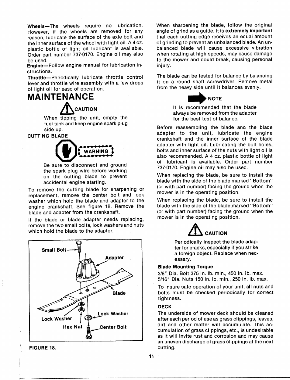 Maintenance, Caution, Cutting blade | Note, Deck | MTD 113-050A User Manual | Page 11 / 16