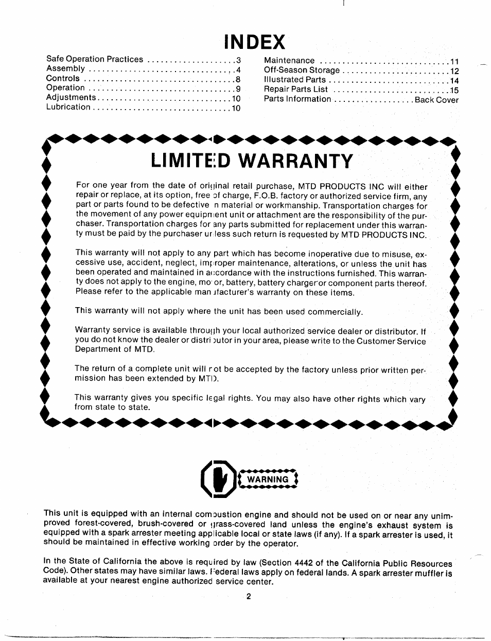 Index, Limiteid warranty, Vlimiteid warranty | MTD 113-050A User Manual | Page 2 / 16