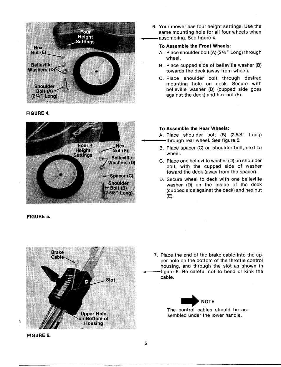 To assemble the front wheels, To assemble the rear wheels, Note | MTD 113-050A User Manual | Page 5 / 16