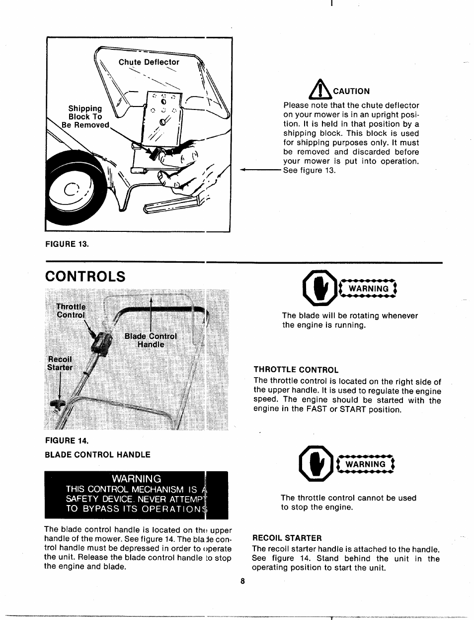 Caution, Controls, Throttle | Figure 14, Blade control handle, Warning j, Throttle control, Recoil starter | MTD 113-050A User Manual | Page 8 / 16