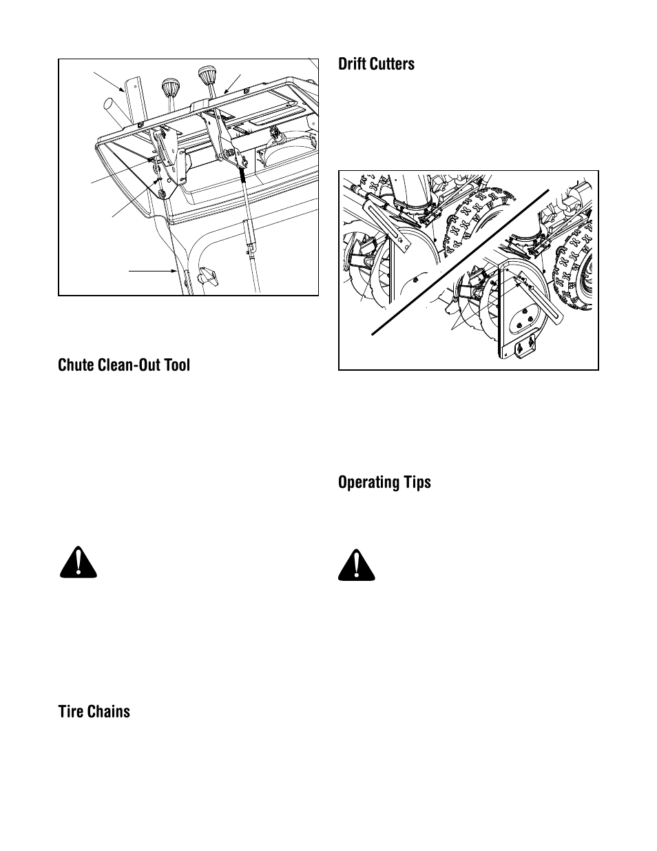 Chute clean-out tool, Tire chains, Drift cutters | Operating tips | MTD H660G User Manual | Page 10 / 24