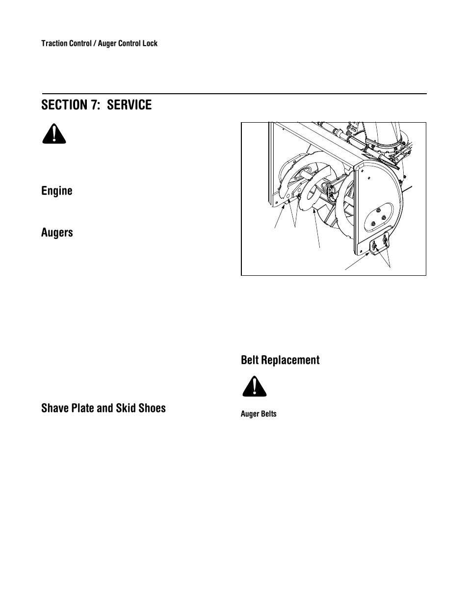 Engine, Augers, Shave plate and skid shoes | Belt replacement | MTD H660G User Manual | Page 14 / 24