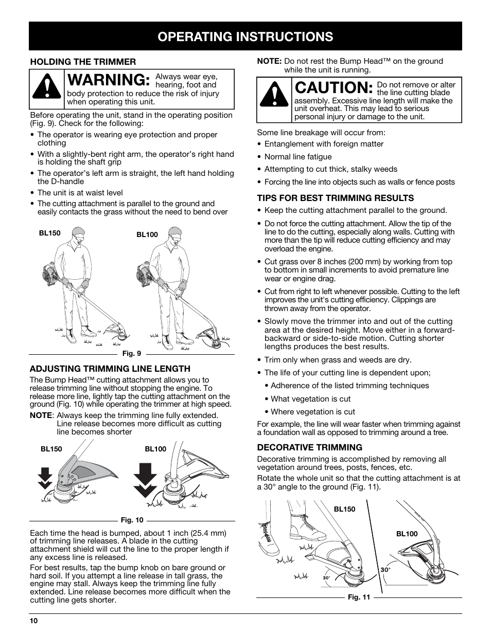 Caution, Warning, Operating instructions | MTD BL100 User Manual | Page 10 / 64