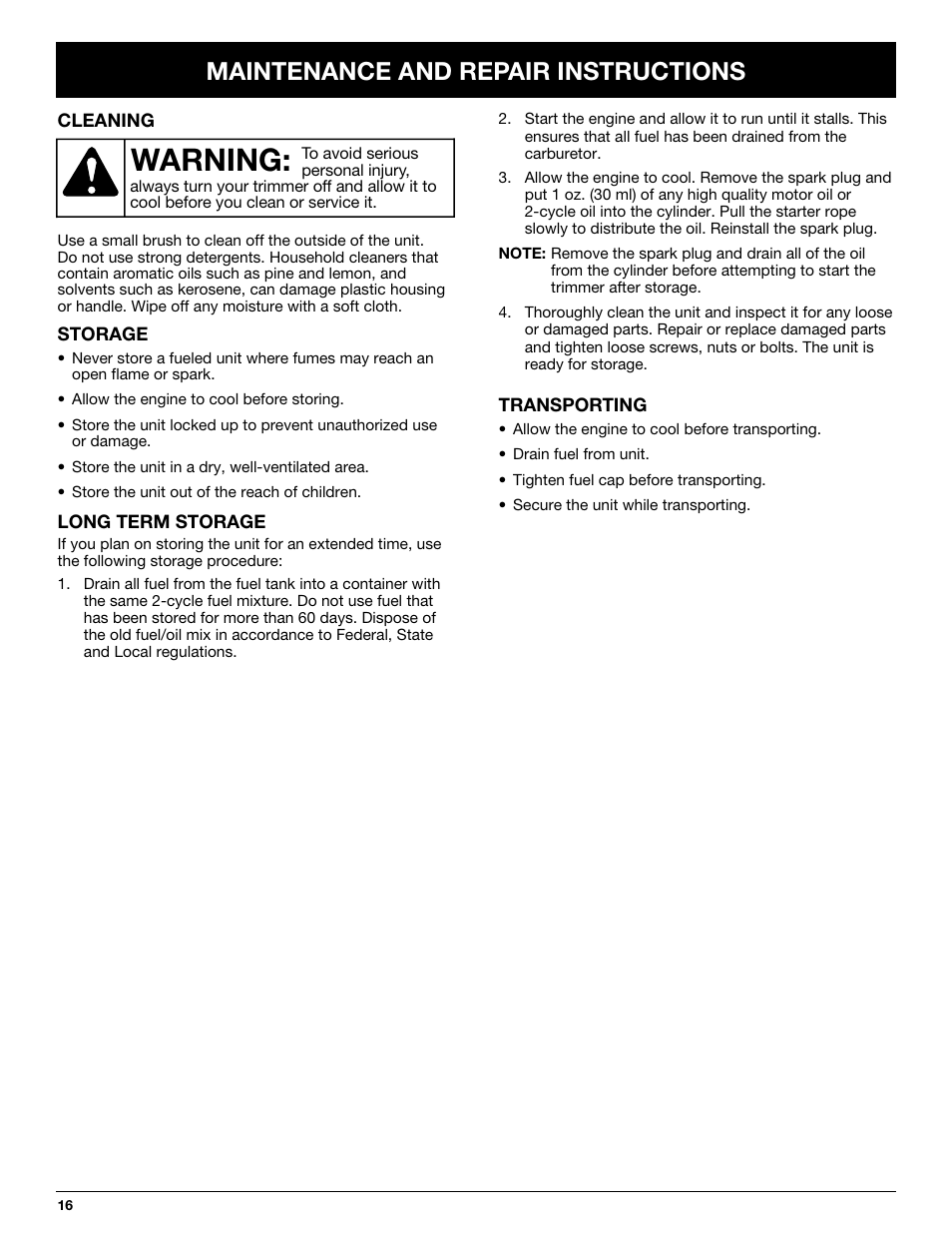 Warning, Maintenance and repair instructions | MTD BL100 User Manual | Page 16 / 64