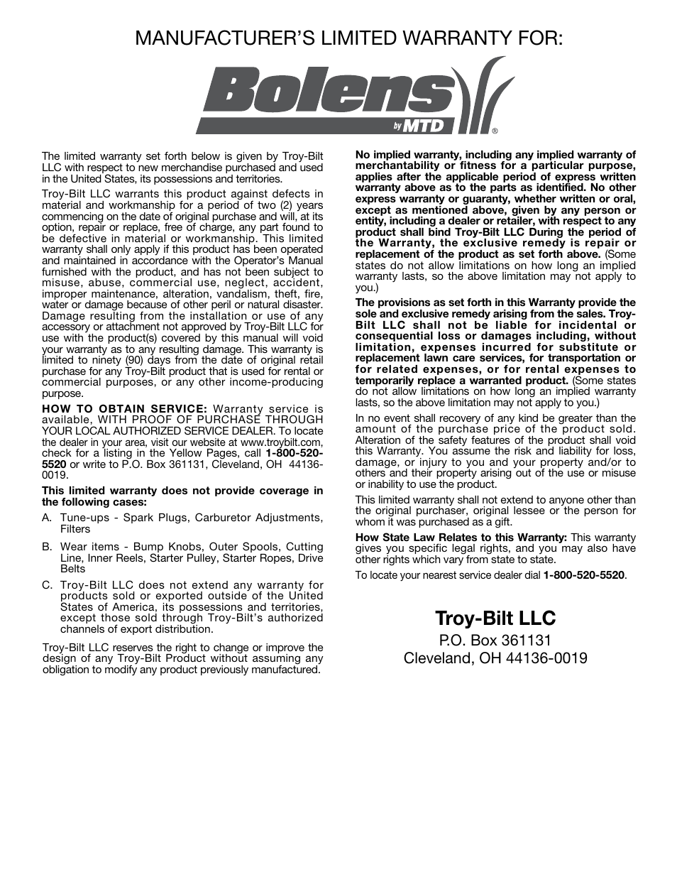 Manufacturer’s limited warranty for, Troy-bilt llc | MTD BL100 User Manual | Page 20 / 64